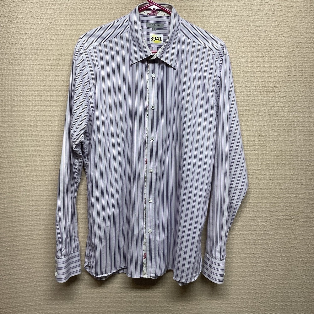 Men's Ted Baker Shirt Sz 5 White Purple Striped Button Up Long Sleeve 10/12-XL - Picture 5 of 10